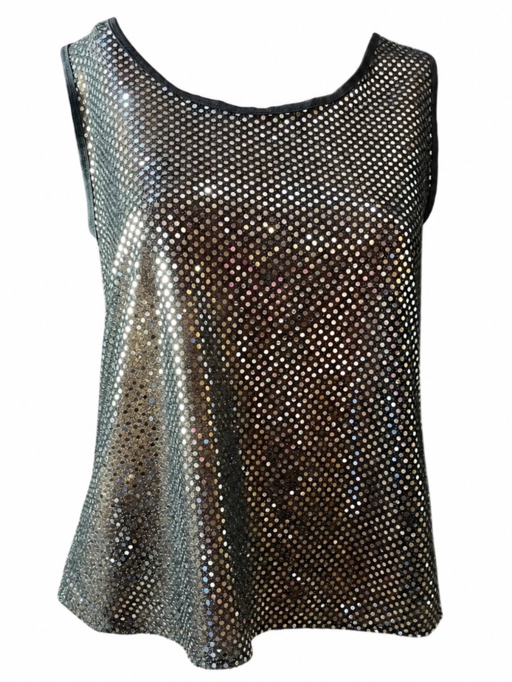 Vintage Y2K Cinema Etoile Black Sequin Tank Top Sheer Sparkle Party Disco Size L
